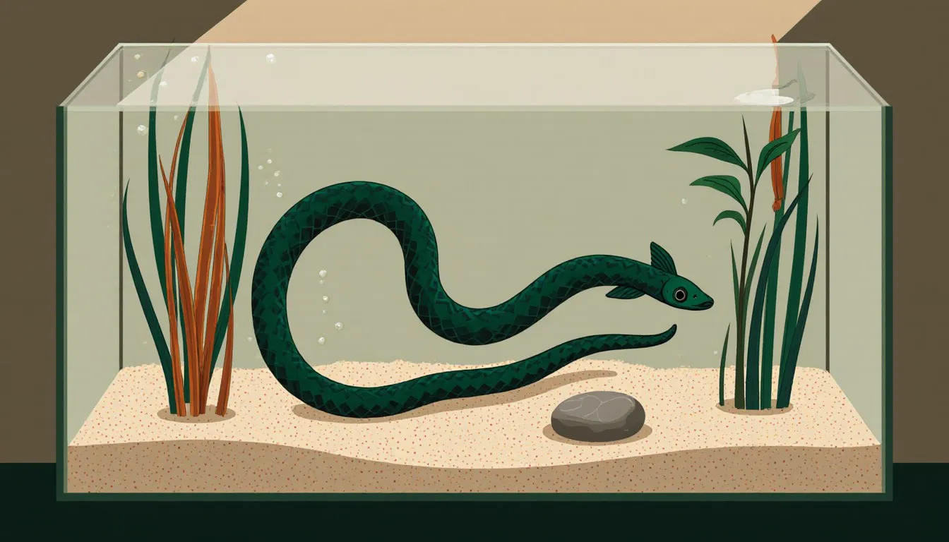 A slender, snake-like rope fish winds through reeds and a stone in a planted aquarium