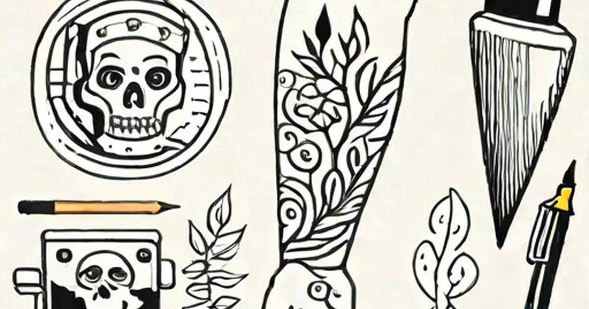 Tattoo designs and equipment including skulls, sleeve patterns, needles, and ink bottles