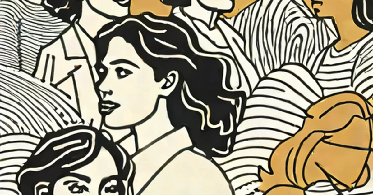 Multiple women depicted in bold black line-art with gold and cream coloring