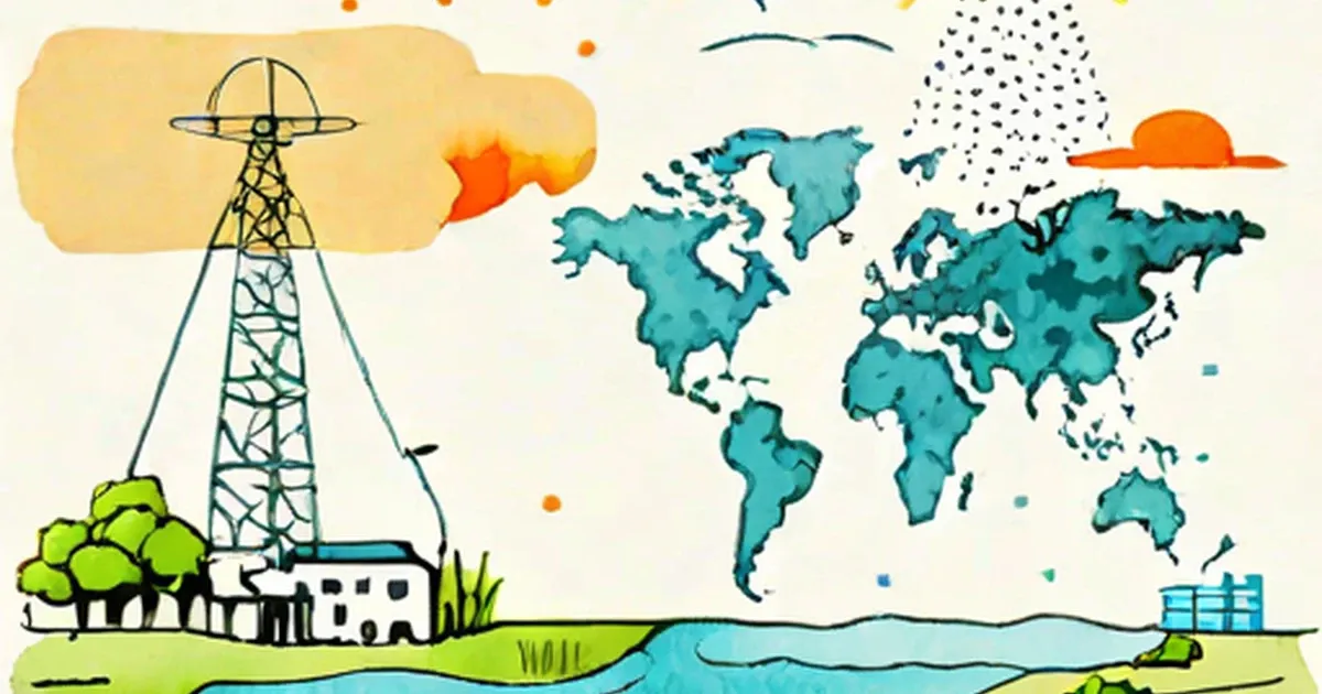 Transmission tower with world map and landscape illustration