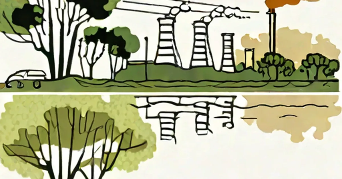 Factory smokestacks and a car emitting pollution into the air, water, and soil