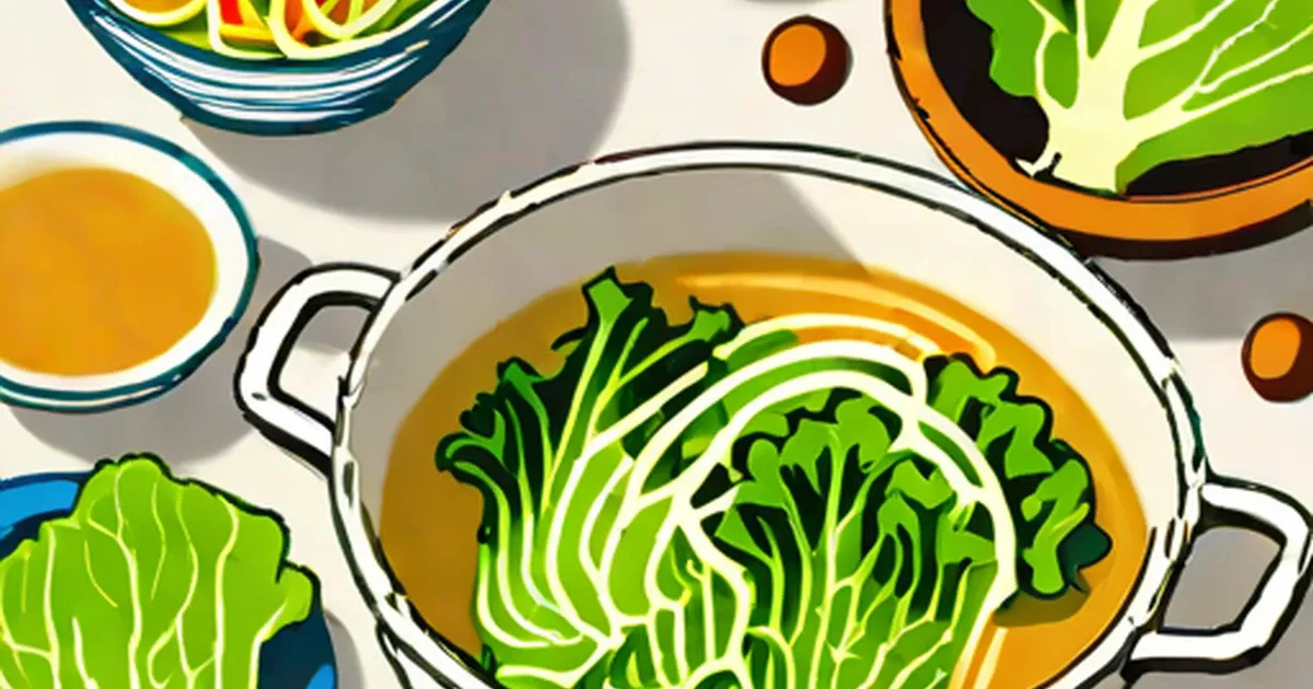 Pot of cabbage soup with fresh cabbage and golden broth