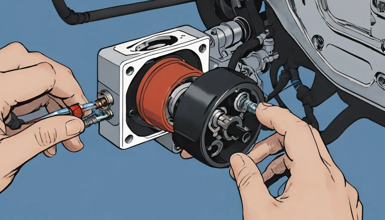 Close-up of a black throttle position sensor bolted to a bare aluminum throttle body with connector plugged in