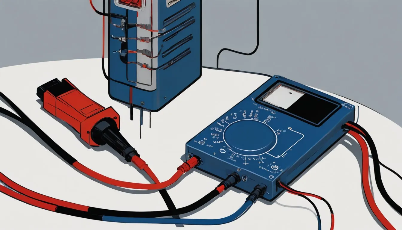 A multimeter with red and black test leads on a workbench, set up to test a throttle position sensor
