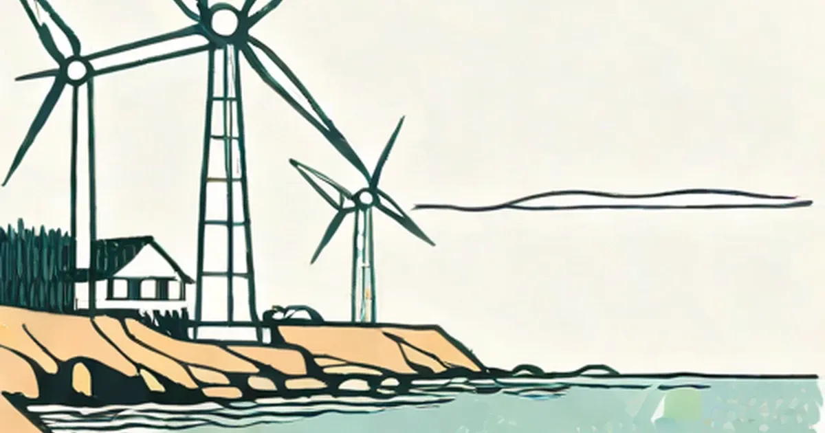 Three wind turbines on a rocky coastline with a house and water
