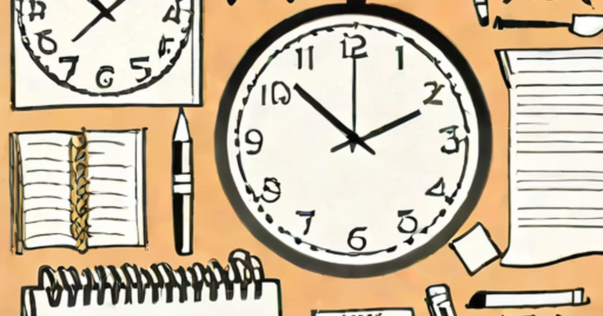 Analog clock with pen and spiral-bound planner on orange background