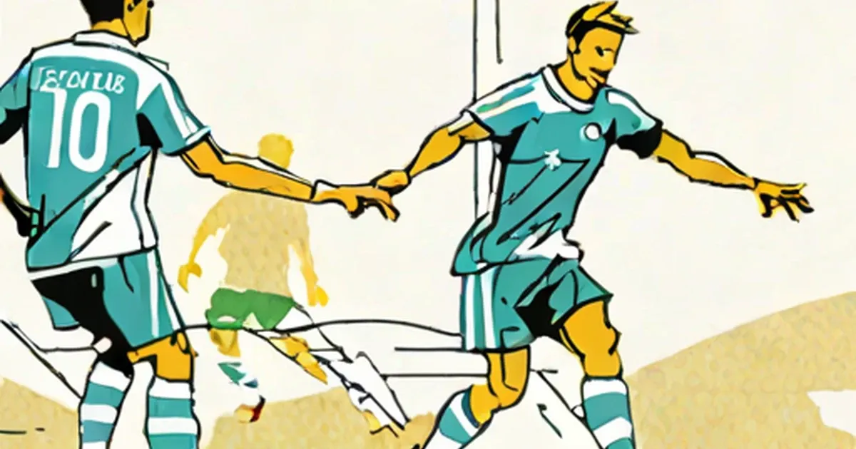 Two soccer players in teal jerseys pull a small figure in opposite directions