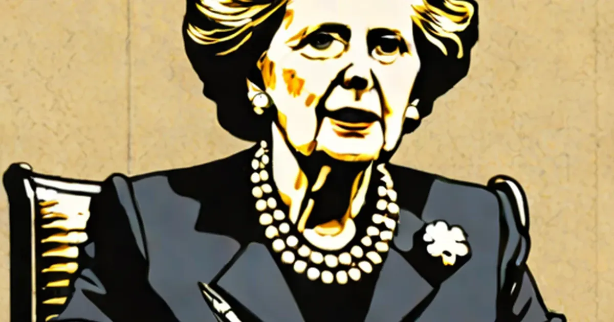Stylized portrait of Margaret Thatcher in a dark suit with pearl jewelry