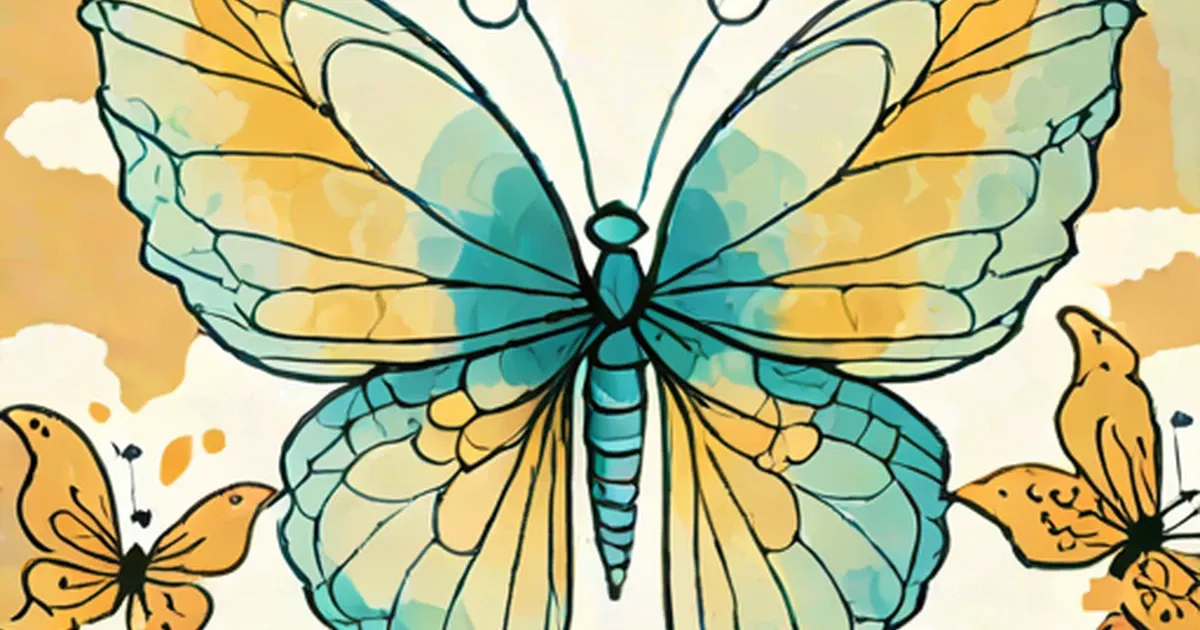 Illustrated fairy wings in turquoise and yellow surrounded by small butterflies