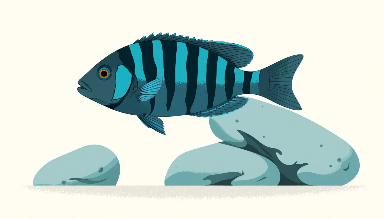 Illustration of a blue and black striped Demasoni cichlid hovering near a stack of aquarium rocks