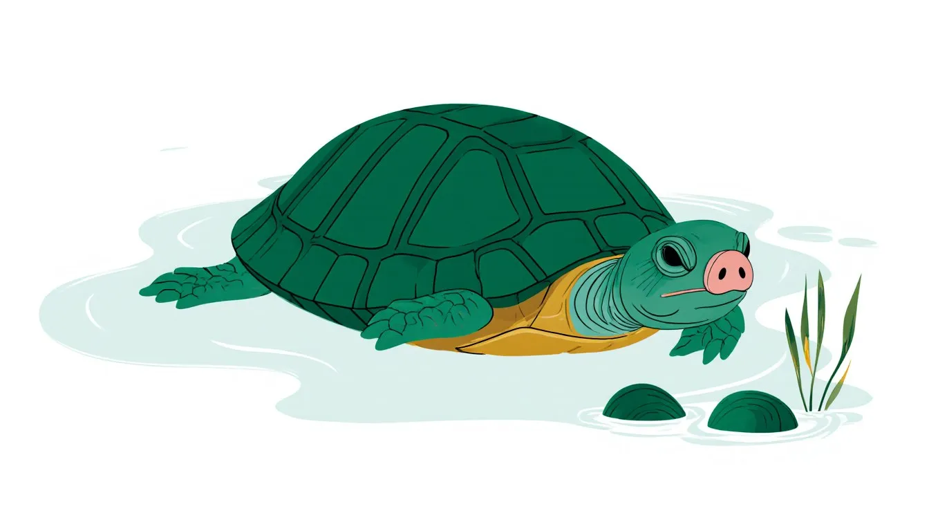 Illustration of a pig-nosed turtle with its fleshy snout and paddle-like flippers swimming through freshwater