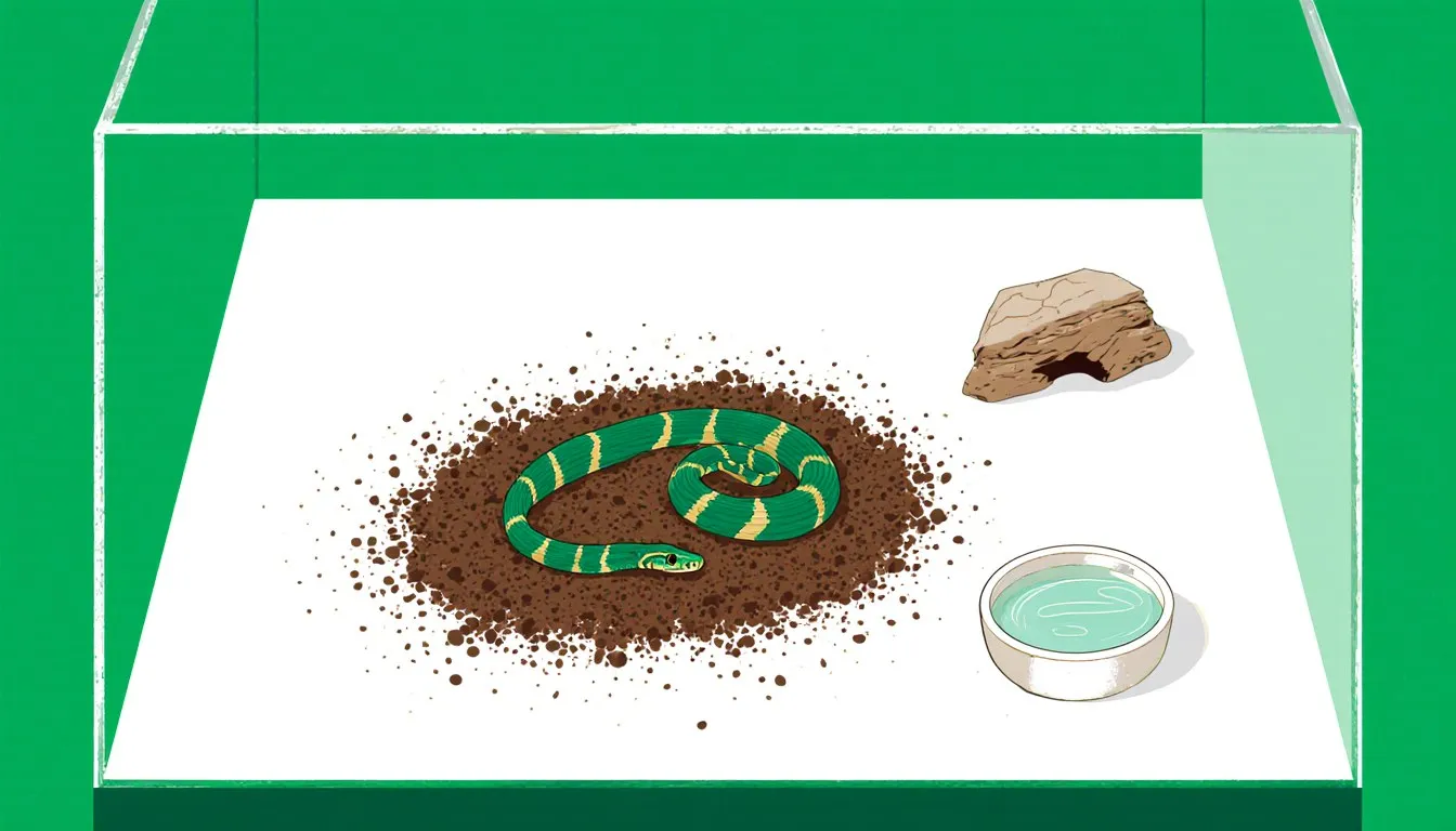 A small worm snake coiled in loose soil inside a simple terrarium enclosure