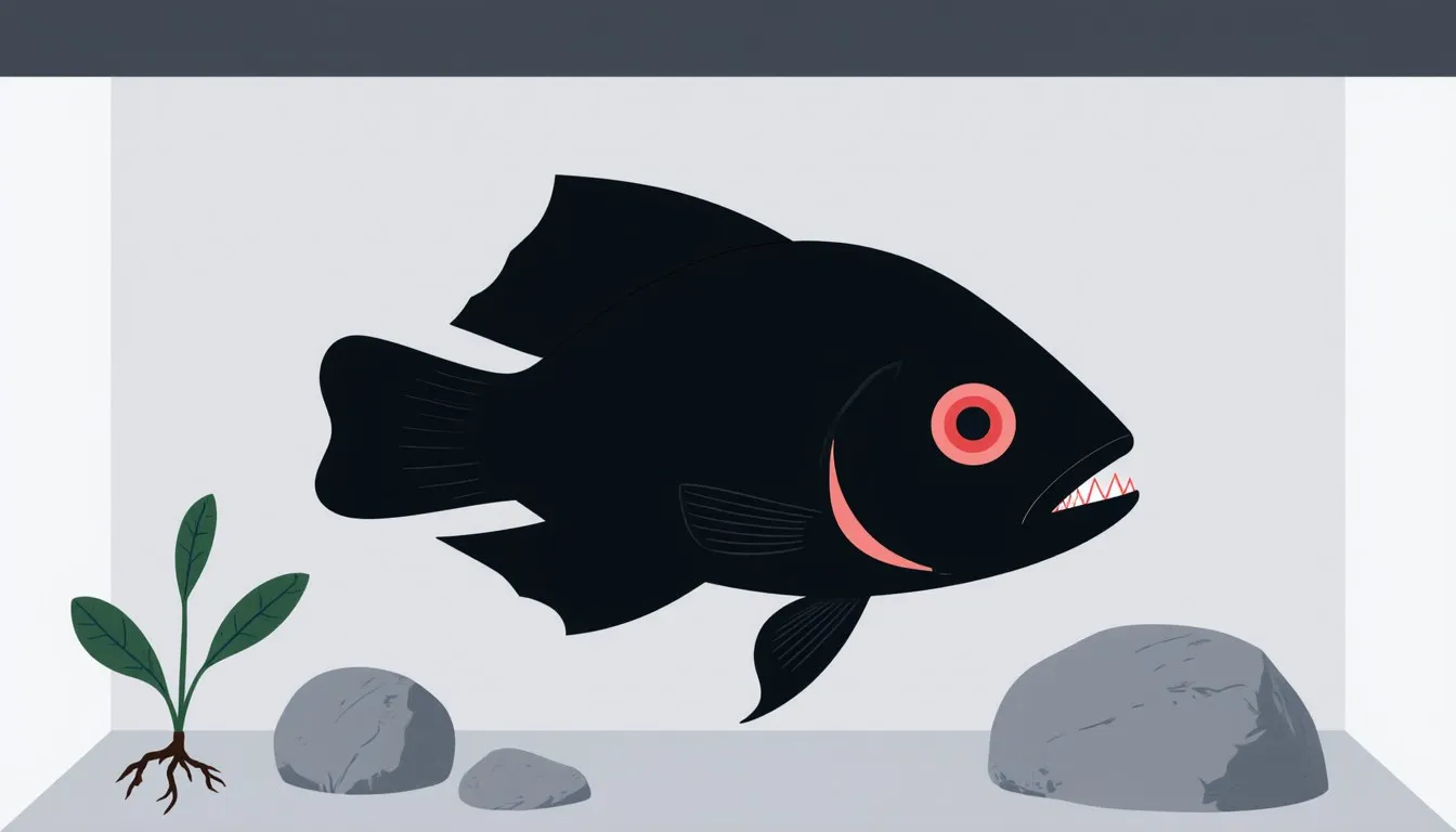 A black piranha with a red eye swimming past rocks and a plant in an aquarium