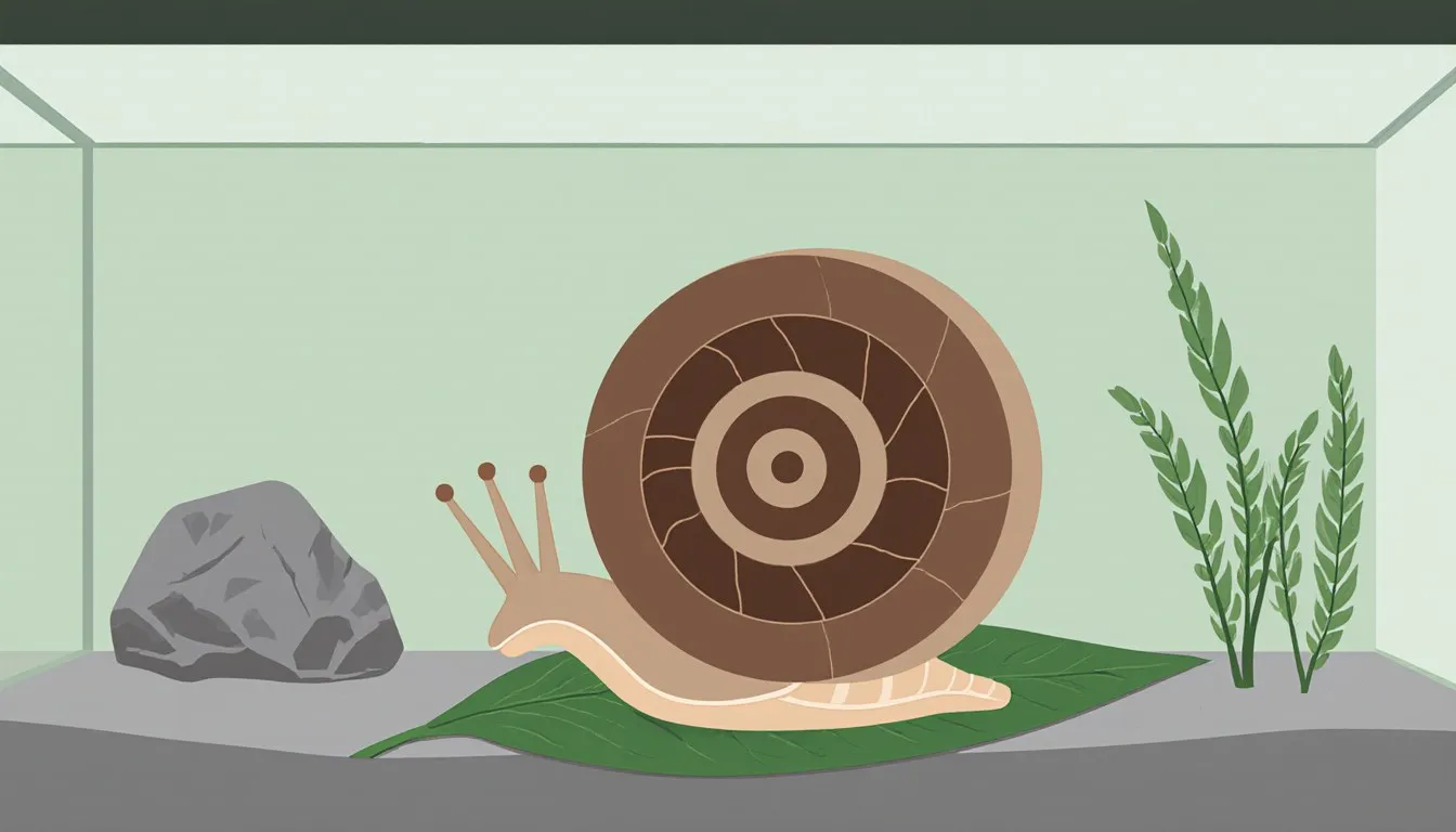 A mystery snail with its spiral shell resting on a leafy green in a simple aquarium
