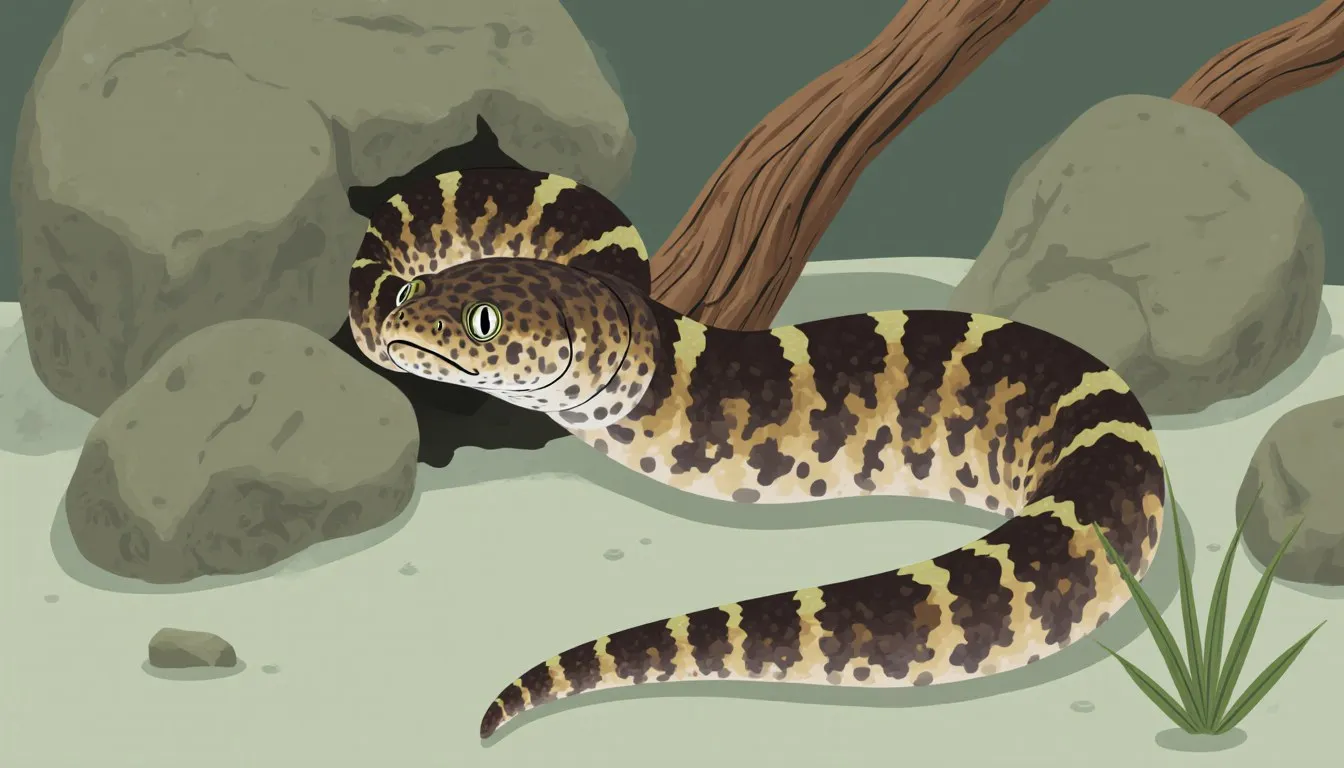 A snowflake moray eel with a mottled, calico-like pattern coiling out from rocks in an aquarium