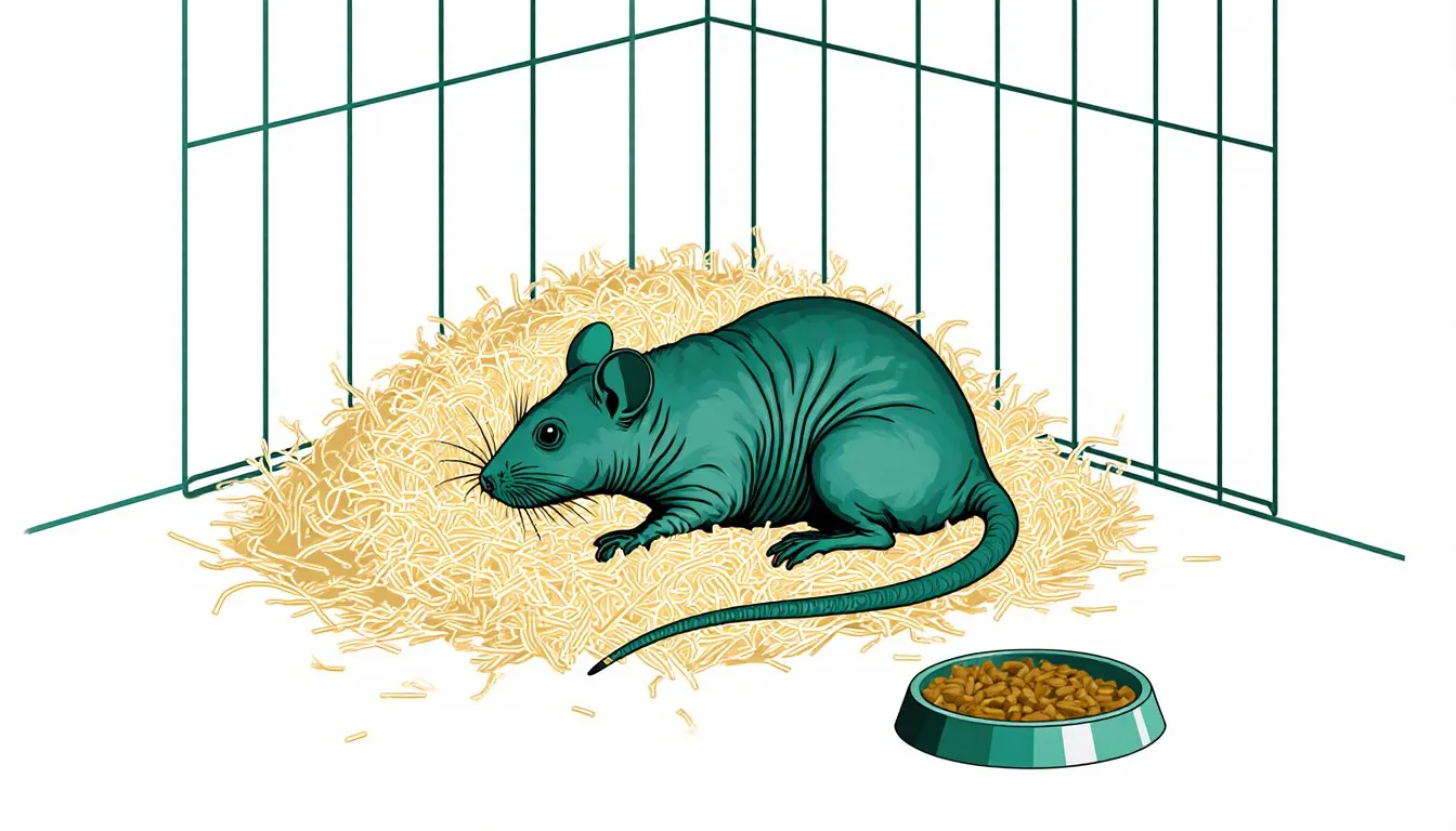A hairless pet rat curled in soft bedding inside its cage, its bare wrinkled skin visible