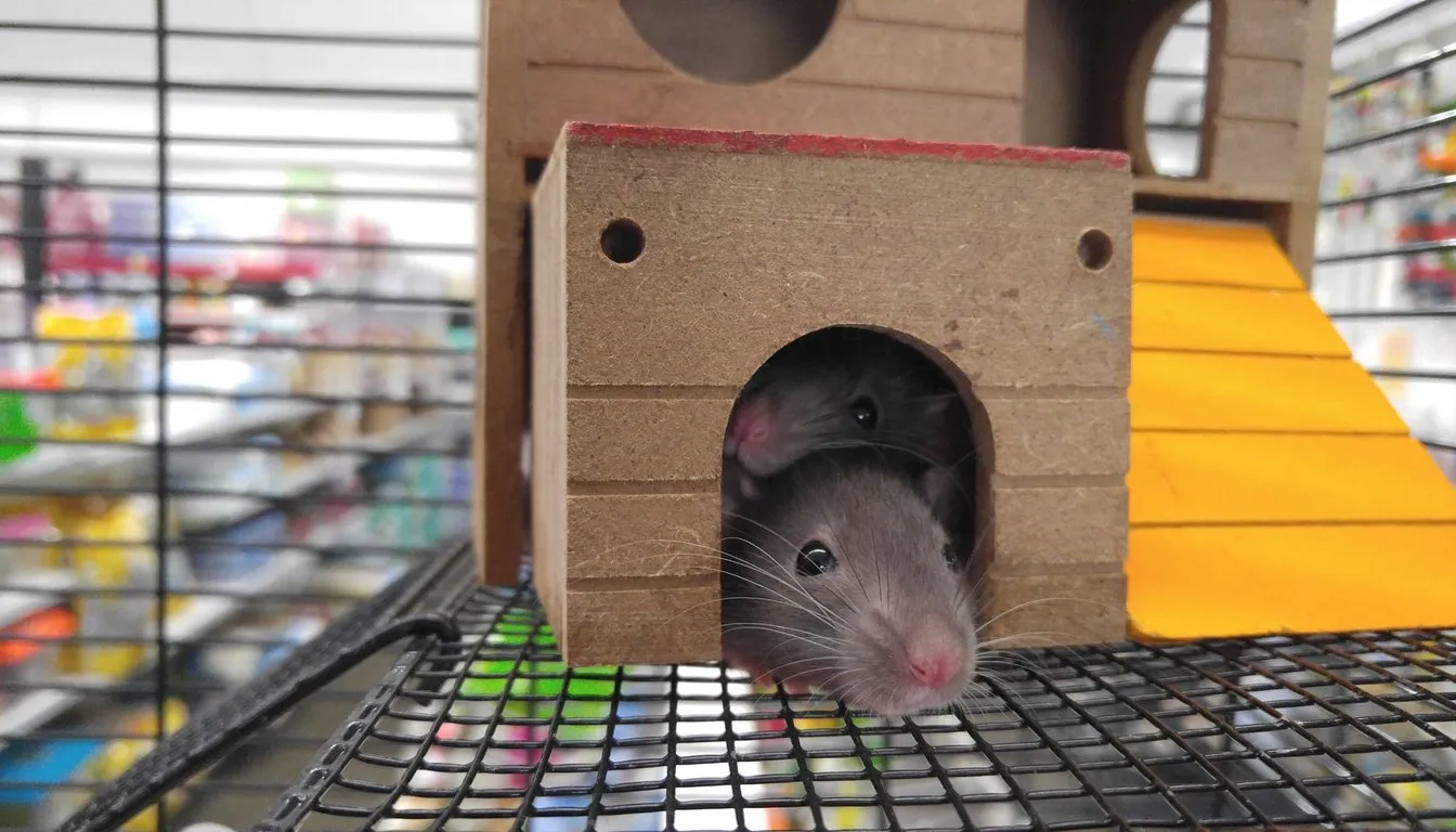 A pet rat peering out of a small wooden house in its cage
