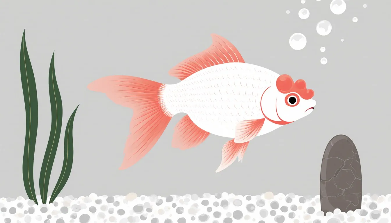 An oranda goldfish with its raspberry-like head growth and flowing tail swims among aquarium plants