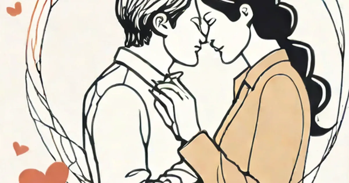 Two people kissing in a minimalist line drawing with small red hearts