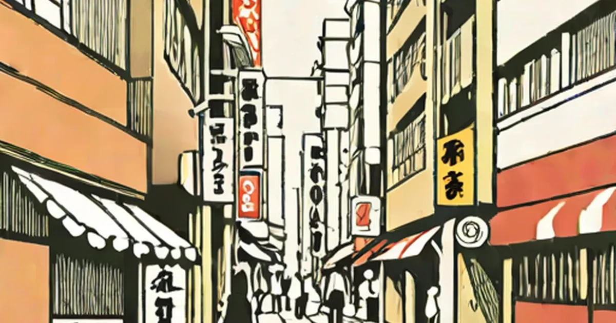 Illustration of a narrow Tokyo shopping street with lantern signs and striped storefronts