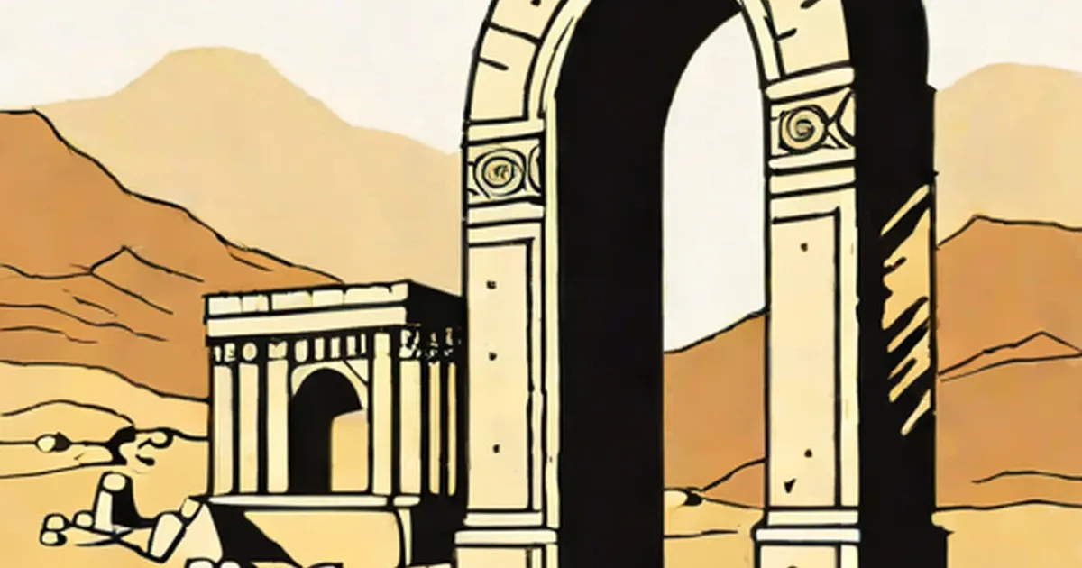 Ornate archway with decorated columns in desert ruins