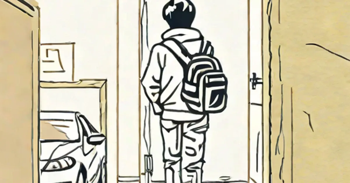 Child shouldering an oversized striped backpack