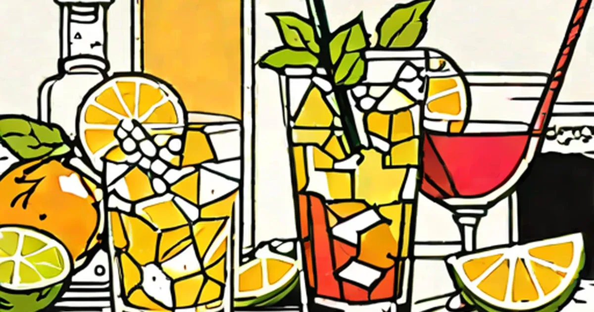 Colorful cocktails with ice, citrus slices, and mint in various glasses