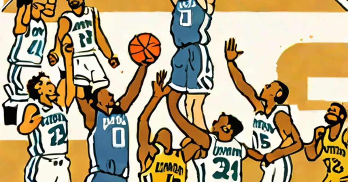 College basketball players in yellow and blue uniforms competing for the ball