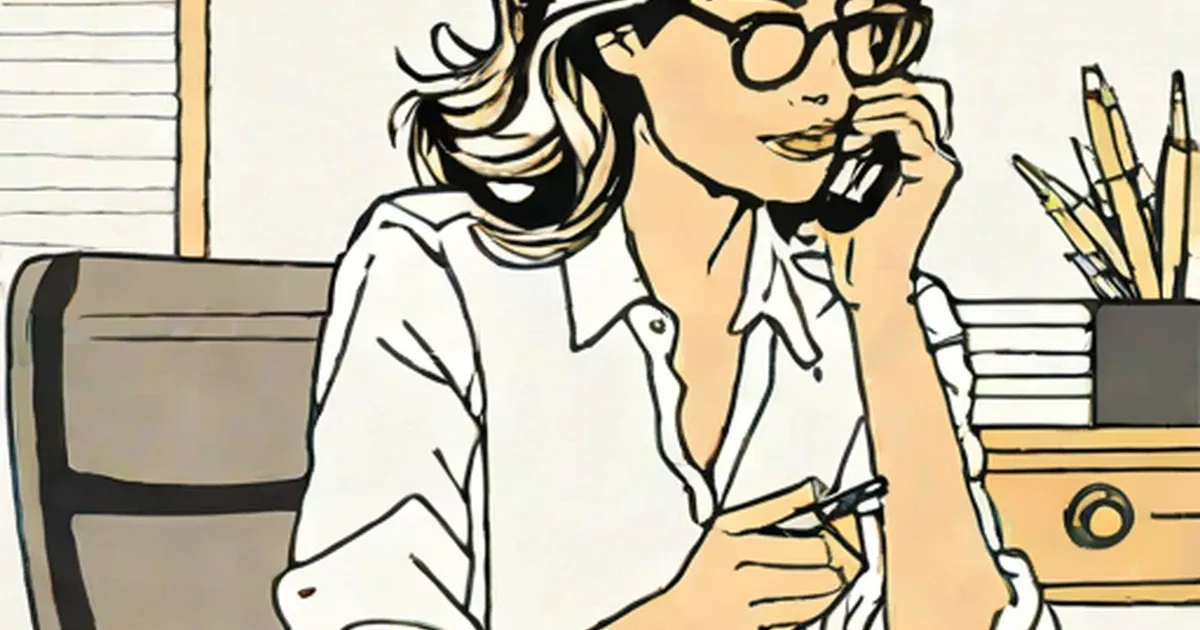 Illustrated woman at office desk in white shirt wearing glasses
