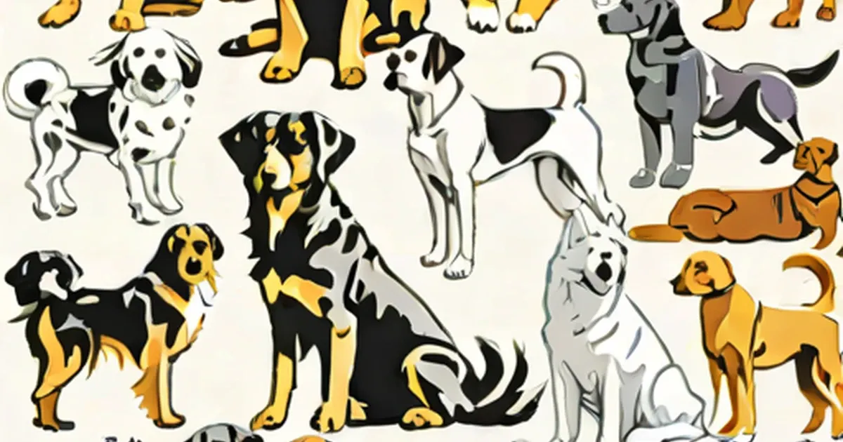 Illustrated dogs in yellow, black, white, and brown representing different breeds