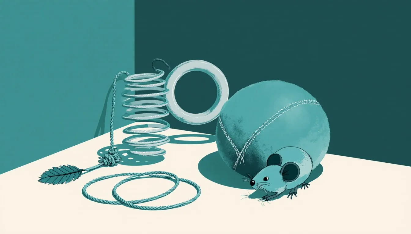 A string toy, a coiled spring toy, and a stuffed catnip mouse arranged together as cat playthings