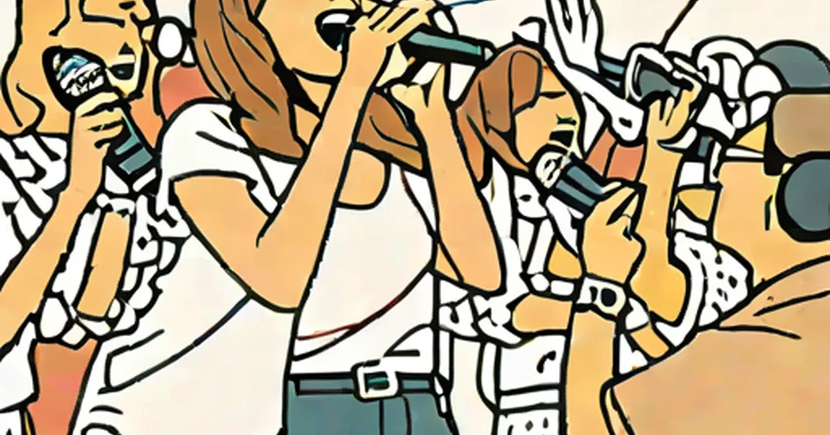Illustrated group singing karaoke with microphones