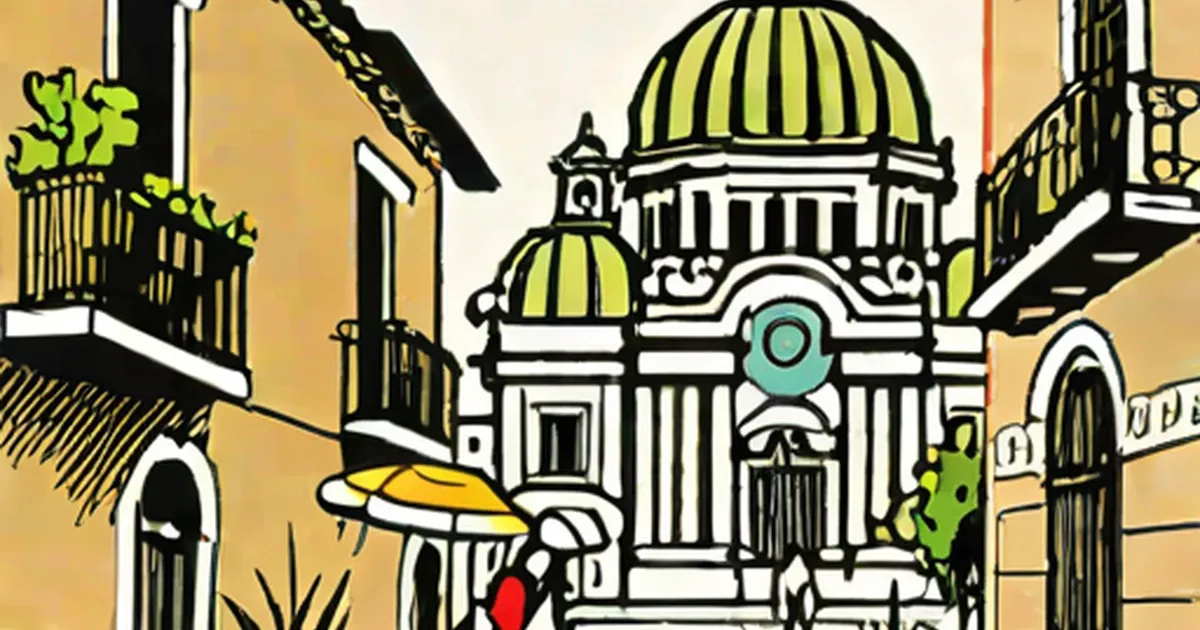 Illustration of the Palace of Fine Arts with a green dome and neoclassical architecture