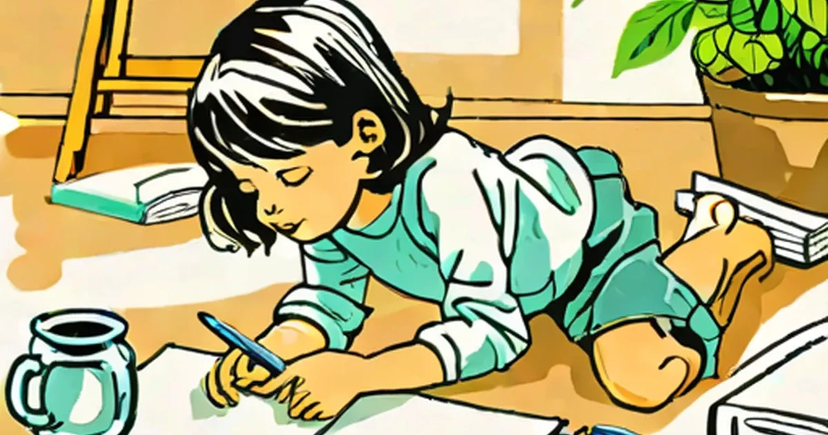 Child lying on floor, peacefully drawing with paintbrush