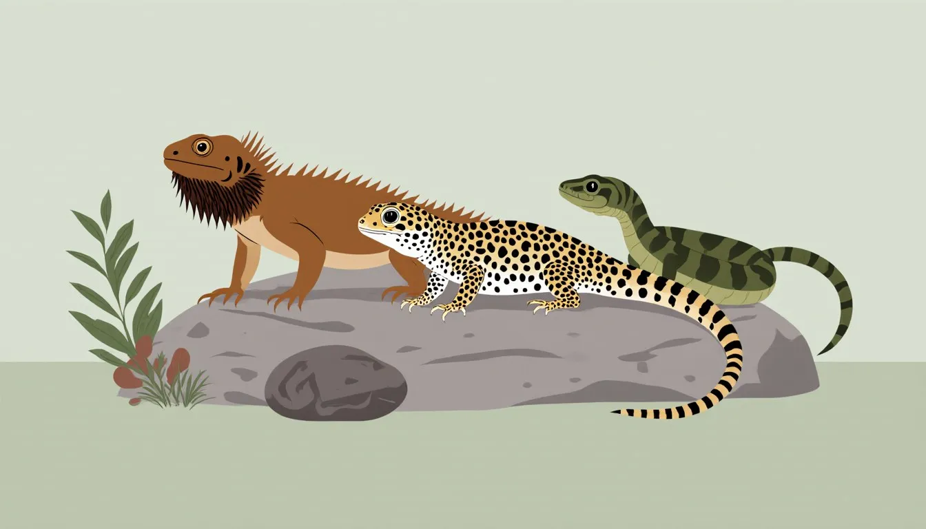 A bearded dragon, leopard gecko, and ball python grouped together on a rock, the three friendly pet reptiles