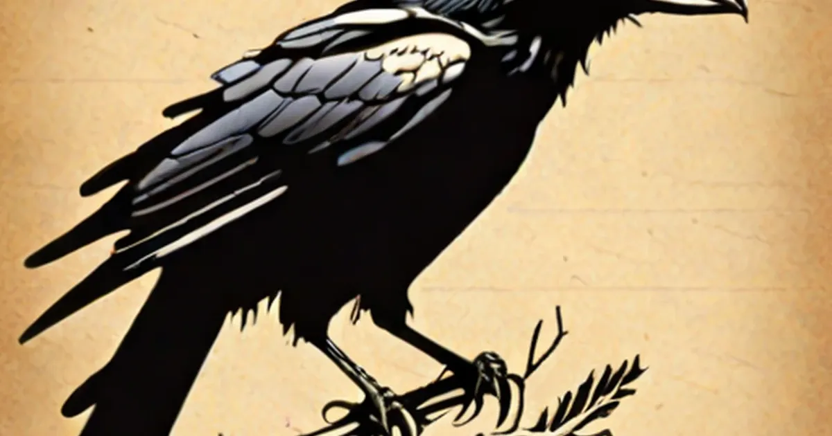 Black raven with extended wing showing blue-grey feathers perched on branch
