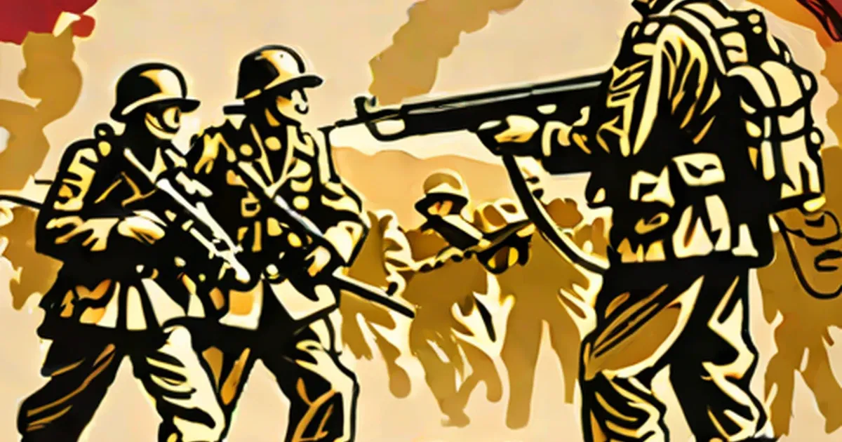 Gold and black illustration of soldiers bayoneting in combat