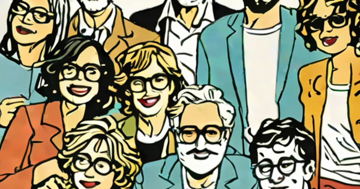 Colorful retro-style illustration of diverse smiling people