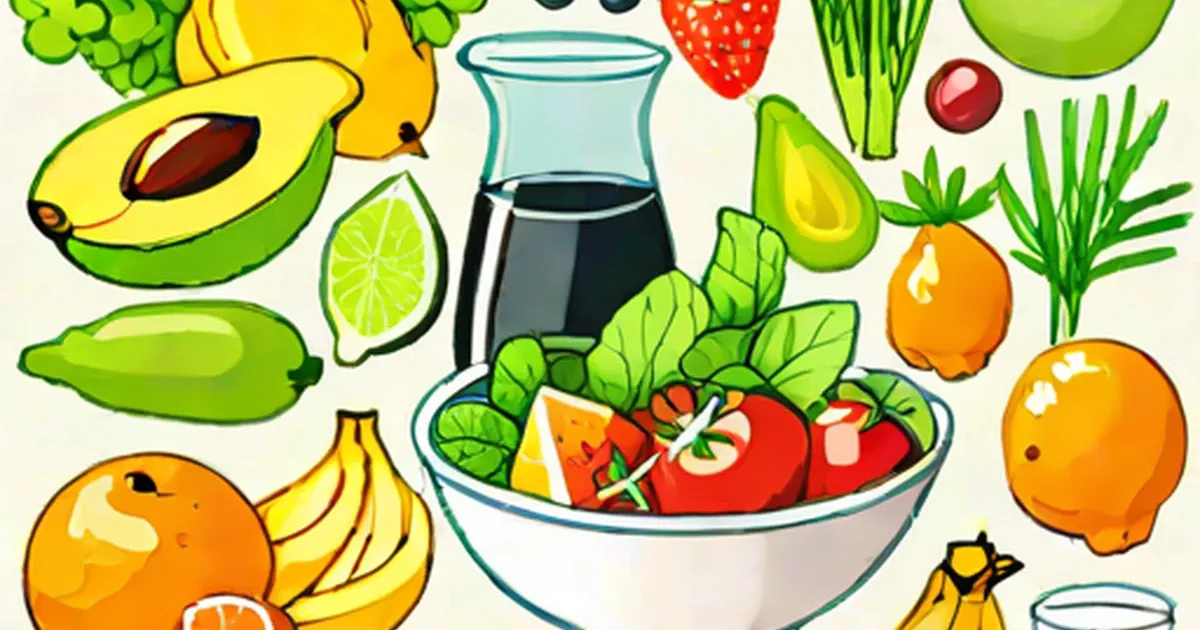 Illustrated fruits and vegetables including avocados, bananas, citrus, berries, and a salad bowl