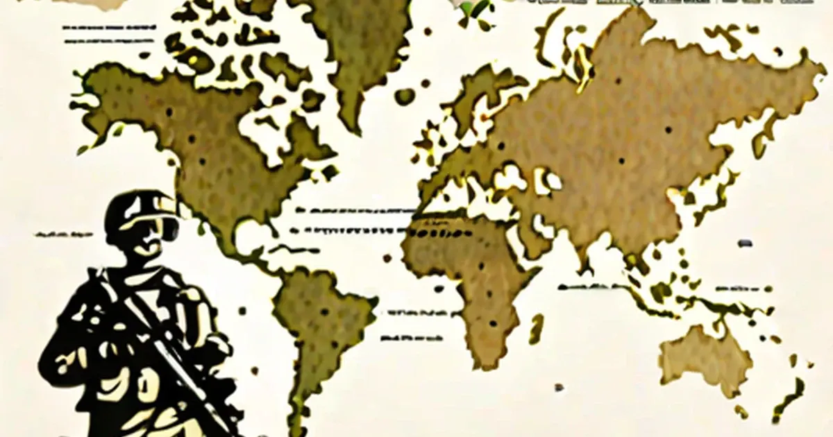 Black silhouette of soldier holding rifle positioned beside world map of military powers