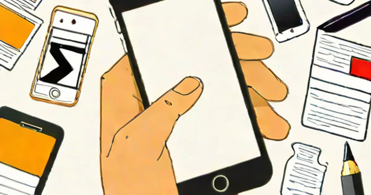 Hand holding an iPhone with blank screen surrounded by app-related design elements