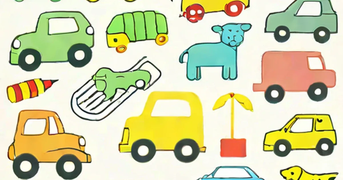 Colorful toy illustrations of vehicles, animals, and play items