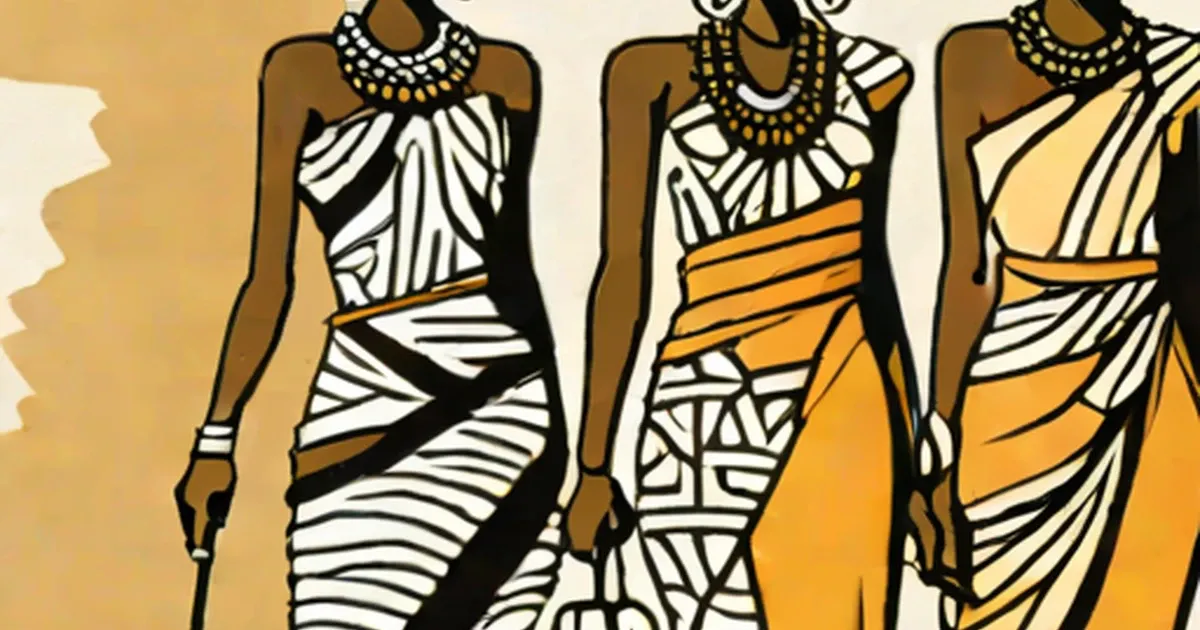 Illustrated women in wrapped garments with geometric patterns and beaded necklaces