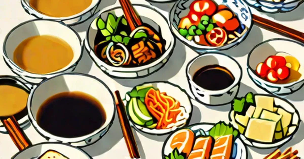 Japanese dishes including soups, noodles, vegetables, and sauce in decorative bowls with chopsticks