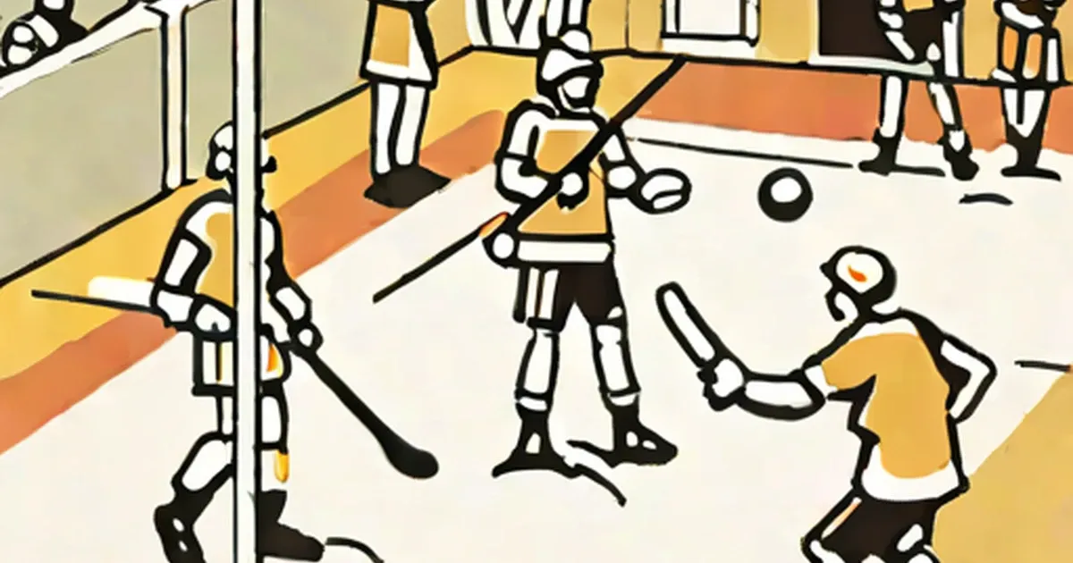 Hockey players wielding sticks compete for the puck on ice