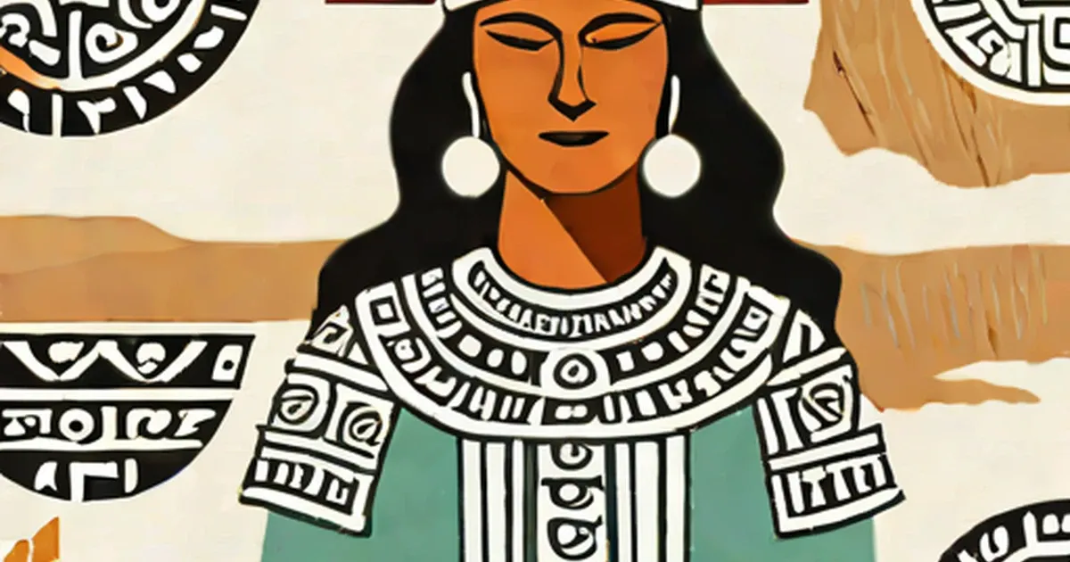 Woman wearing an ornate geometric-patterned collar and turquoise dress