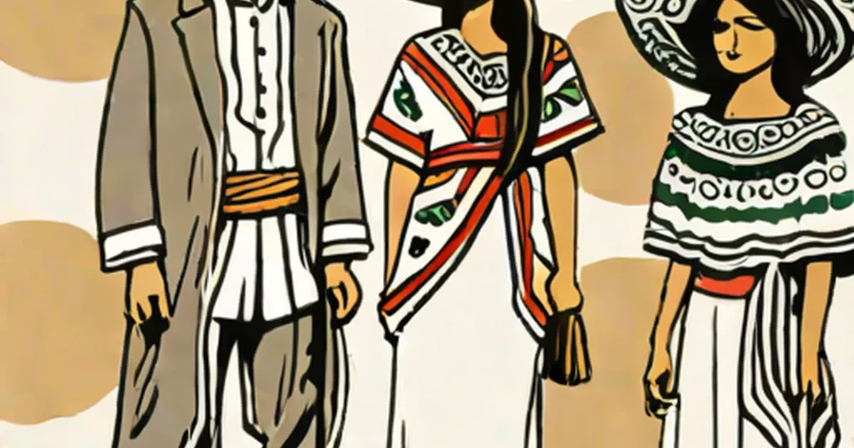 Three figures illustrated wearing embroidered Mexican huipils and traditional dress