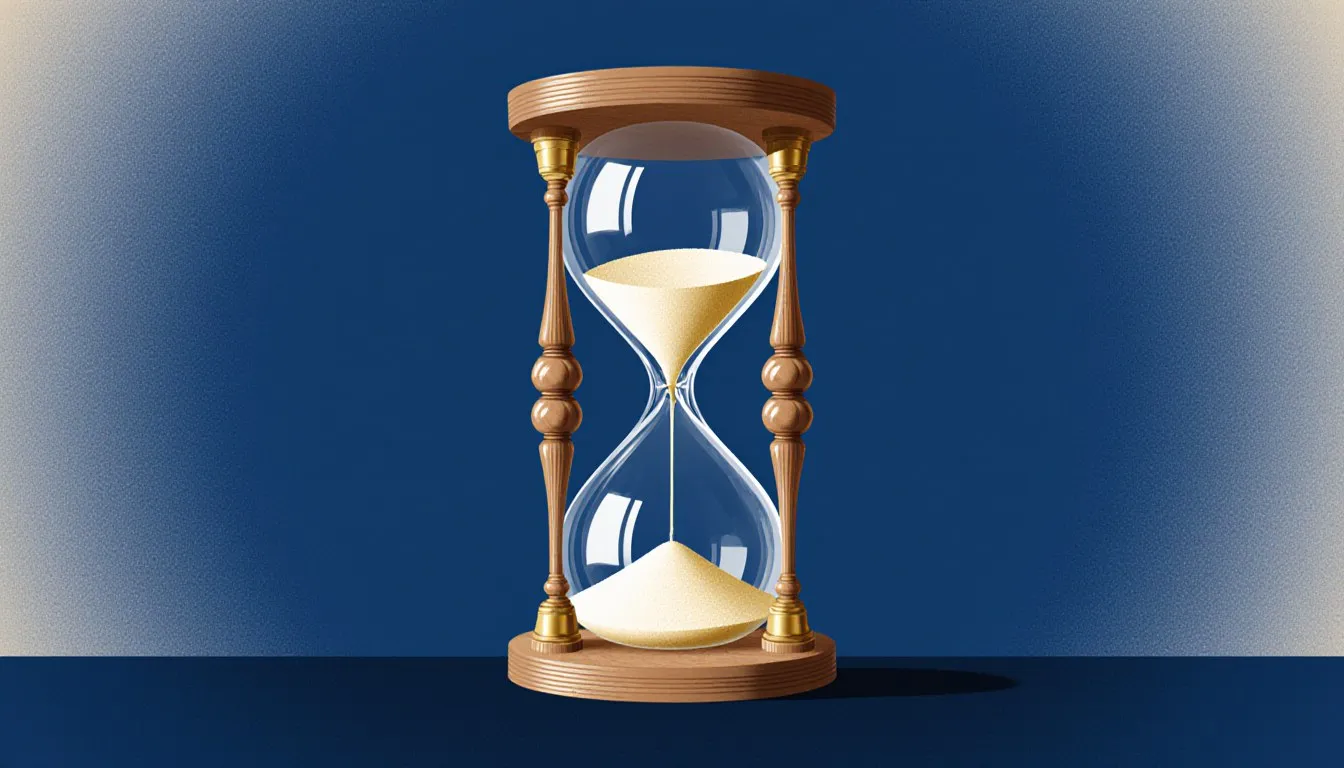 A wooden hourglass with sand falling through its narrow waist