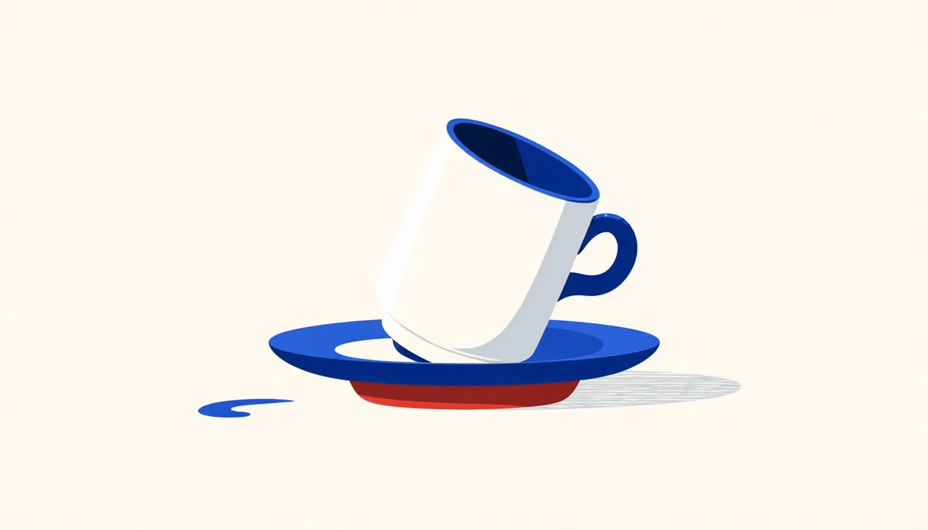 A white ceramic teacup tipped over on its saucer with a small spill, centered against a plain background