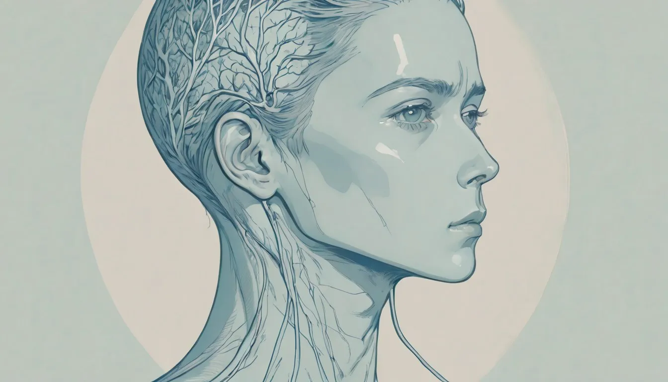 Side profile of a head showing brain arteries as branching lines, one narrowed by a small clot